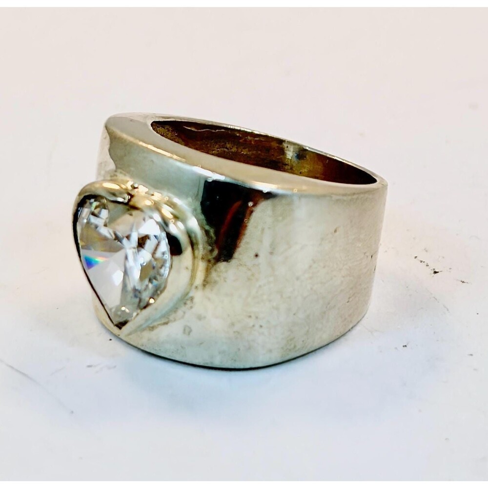 Vintage Heart Ring: Sterling Silver, Wide, Cigar Band, CZ , Cubic Zirconia